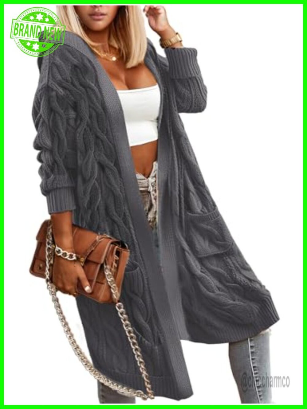 Oversized Cable Knit Hooded Cardigan Sweater with Pockets Long Open Front
